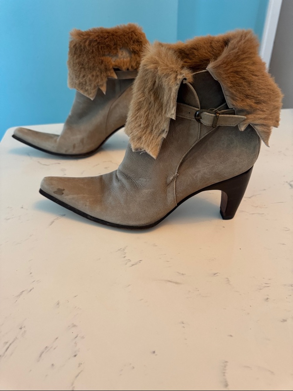 SARTORE PARIS Vintage! Fur Trim Taupe Suede Ankle Boots - Women - size 38